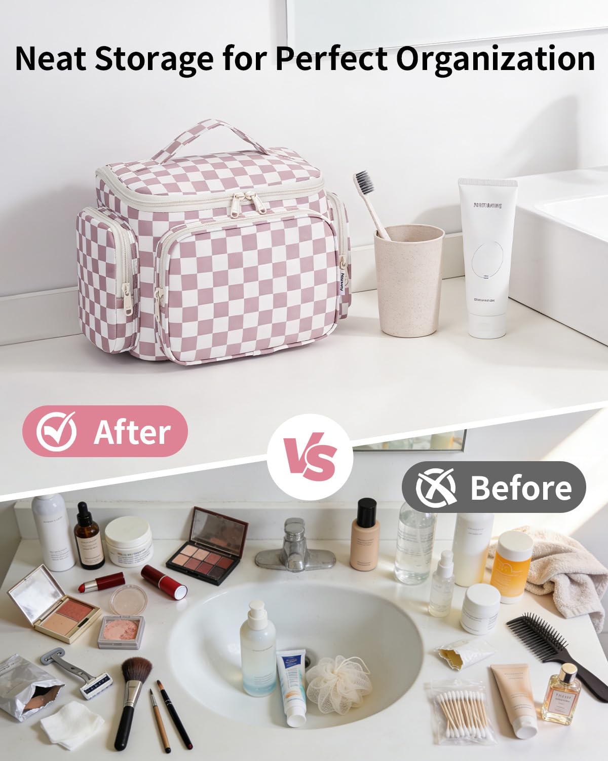 Narwey Hanging Travel Toiletry Bag for Women, Large Makeup Bag, Wide Open Cosmetic Bag, Multiple Organized Pocket, Wet Pocket for Towel, Portable Bathroom Travel Bag for Toiletries, Essentials