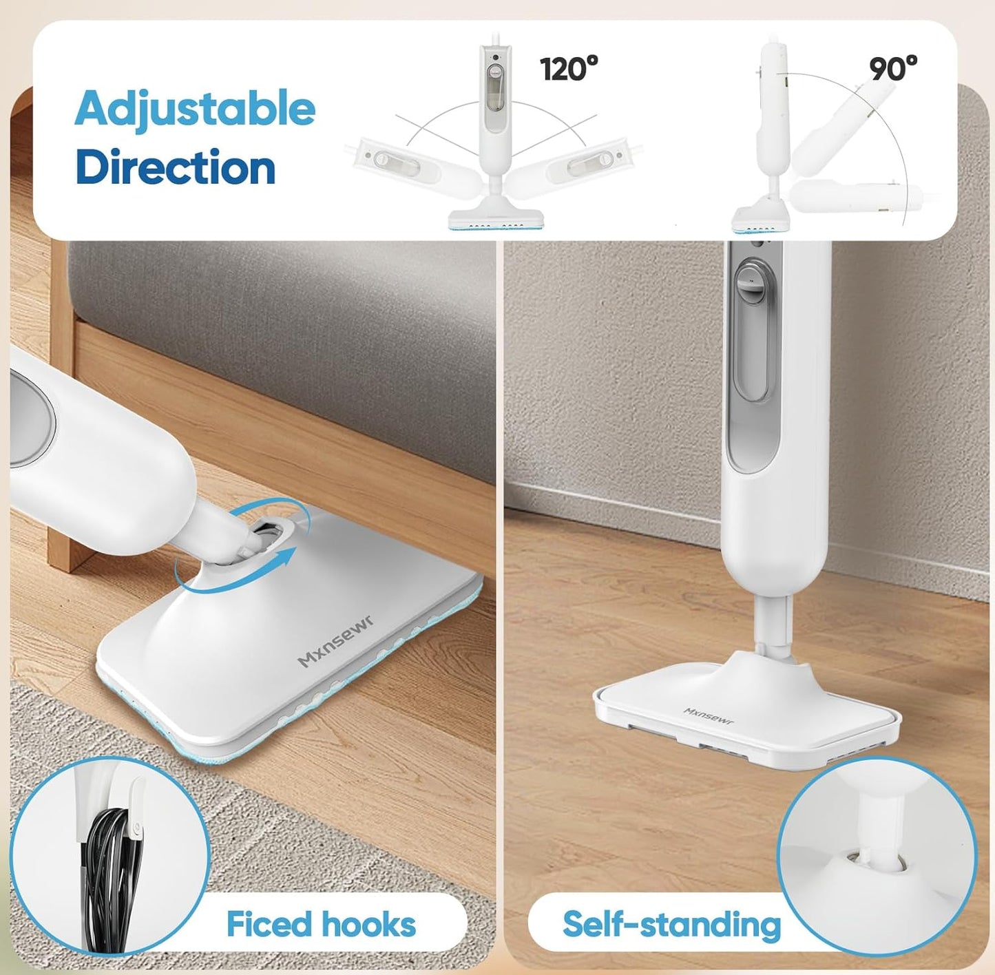 Powerful Steam Mop - Multi-Functional Handheld Steam Cleaner with 2 Steam Levels, 380ML Tank & 23FT Cord | Ideal for Whole Home Use