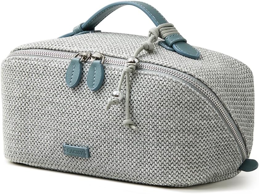 Travel Makeup Bag - Woven Toiletry Organizer with 180° Wide-Open Design | Large Capacity with Divider & Handle