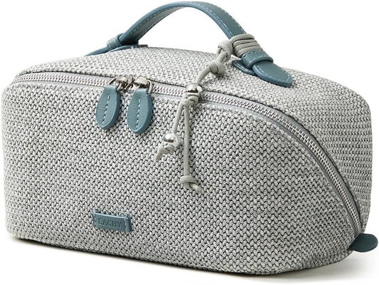 Travel Makeup Bag - Woven Toiletry Organizer with 180° Wide-Open Design | Large Capacity with Divider & Handle