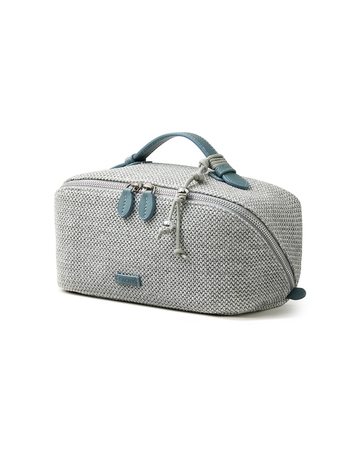 EACHY Travel Makeup Bag, Woven Travel Toiletry Bag, Portable 180° Wide-Open Flat Cosmetic Bags for Women, Large Capacity Makeup Pouch with Divider and Handle