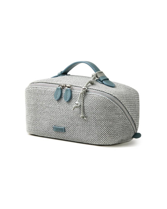 EACHY Travel Makeup Bag, Woven Travel Toiletry Bag, Portable 180° Wide-Open Flat Cosmetic Bags for Women, Large Capacity Makeup Pouch with Divider and Handle