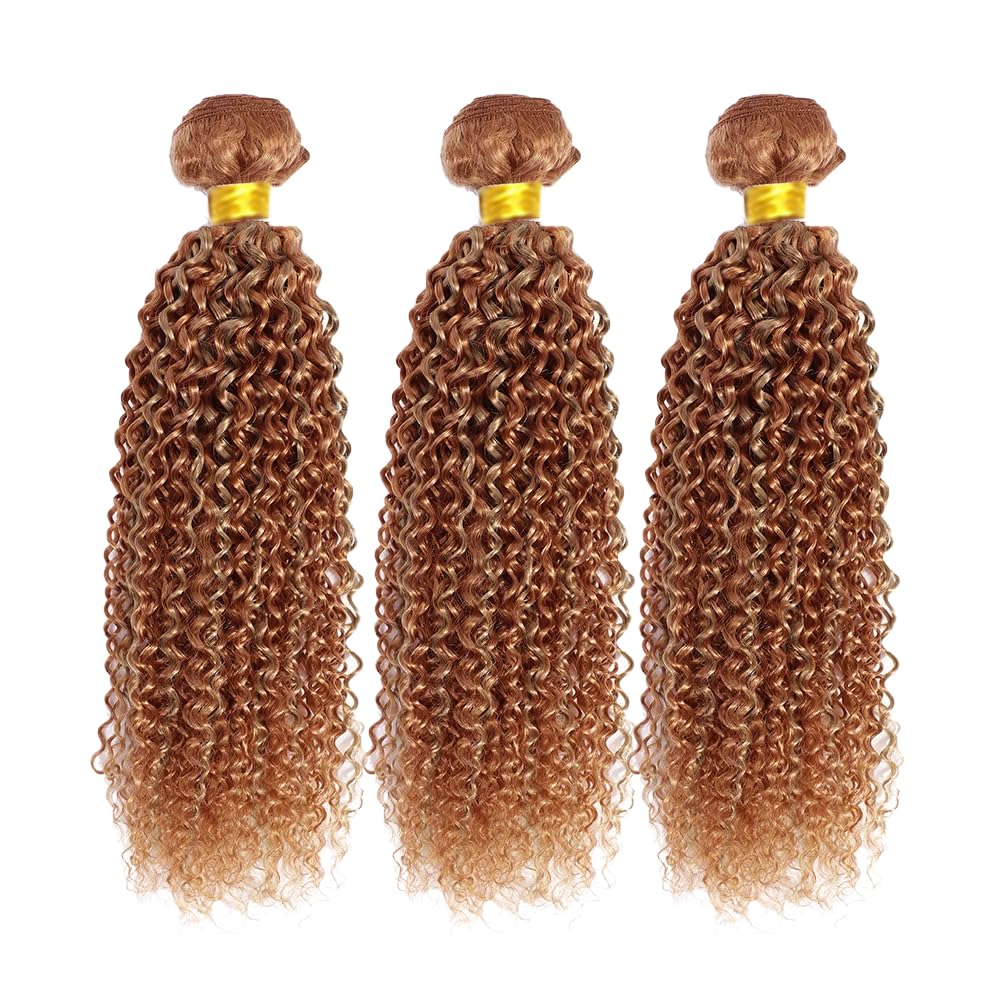 P27/30 Bundles Human Hair Light Brown Kinky Curly Bundle Brazilian Virgin Remy Hair 3 Bundles 24 24 24 Inch Double Weft 2 Tone Honey Blonde Mixed With Light Brown Curly Bundle