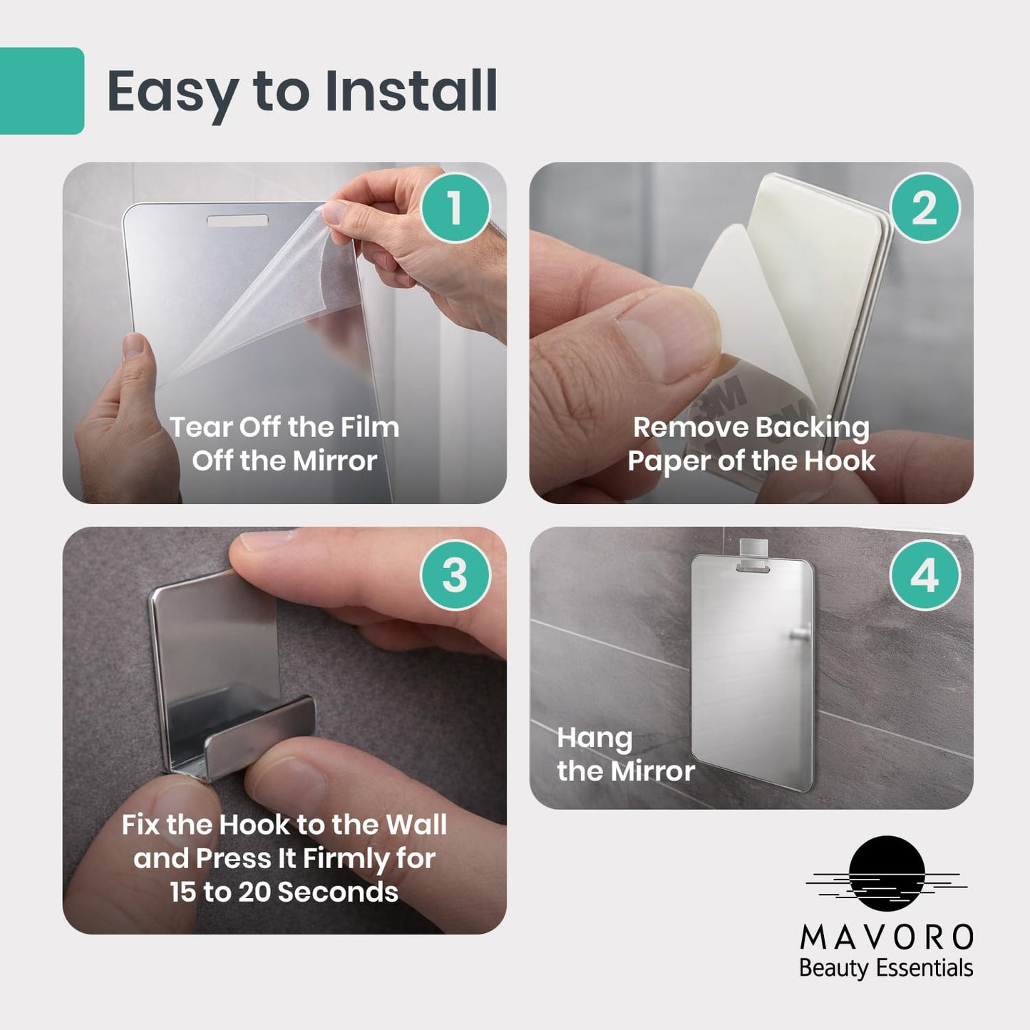 Mavoro 7x9 Shaving Mirror for Shower with 3M Adhesive Hook | Hang-Anywhere Shower Mirror | Acrylic - Unbreakable | Less Fogging | Sleek Frameless | Glassless Safety