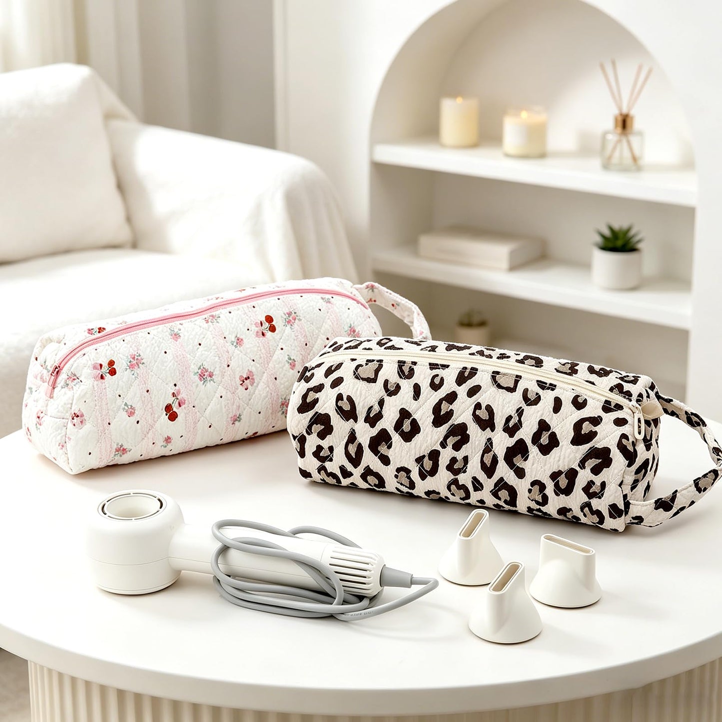 Hair Tools Travel Bag, 2Pcs Quilted Protable Hair Dryer Bag Hair Styling Accessories Organizer Bag for Curling Irons, Flat Irons and Styling Tools (Leopard Print+Cherry)