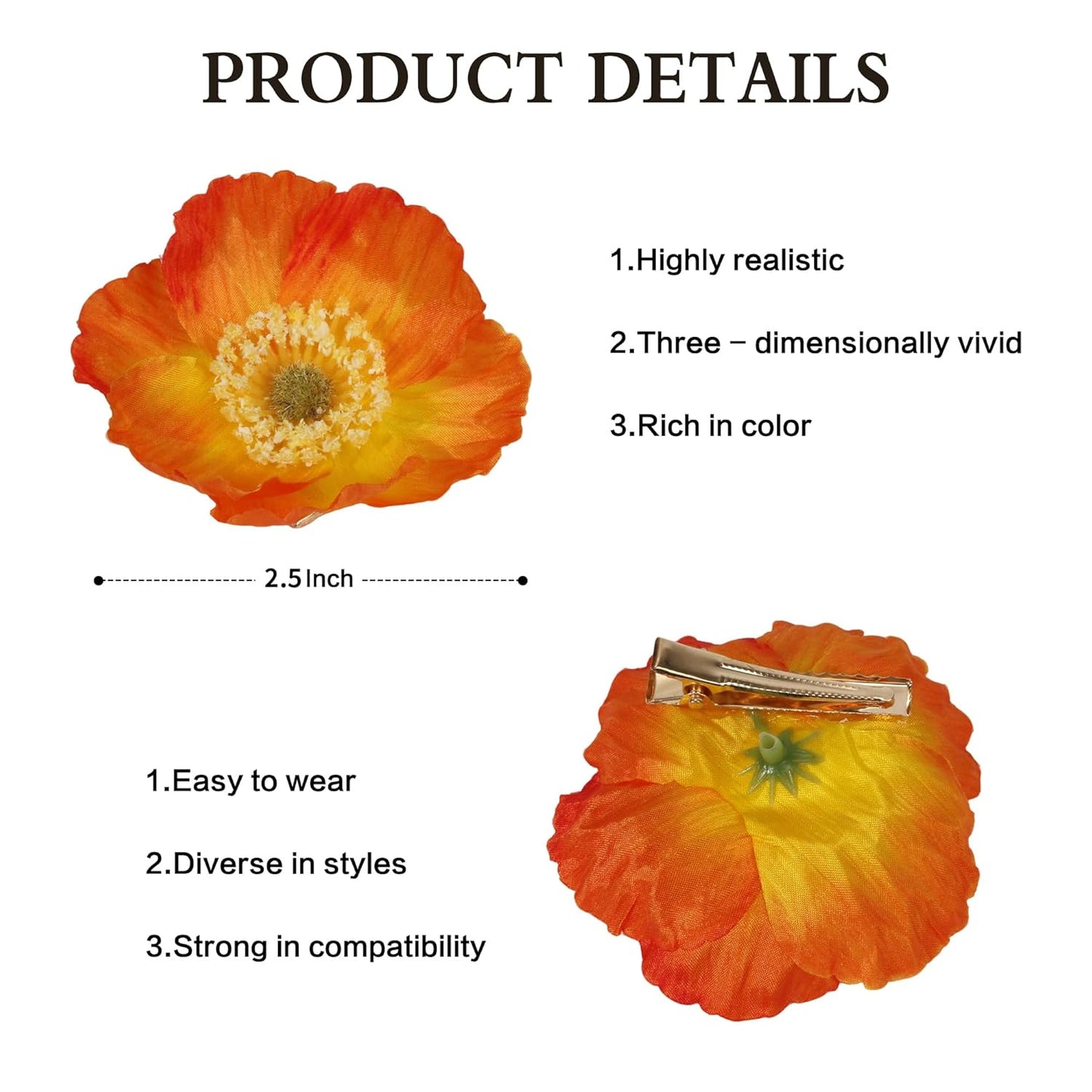 Flower Hair Clips - 6-Pack Hawaiian Tropical Silk Floral Hairpins for Women | Beach Wedding Accessories (Orange, Blue, Yellow)