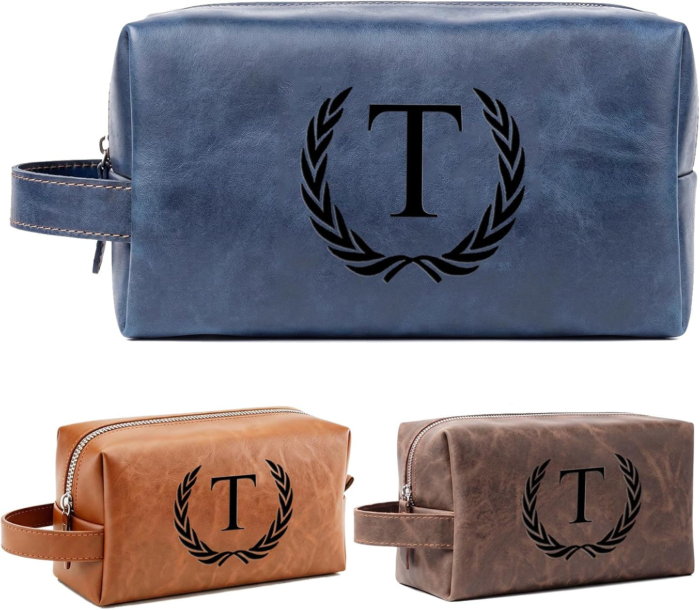 Personalized Leather Toiletry Bag for Men | Engraved Initial Waterproof Travel Bag - Dark Brown