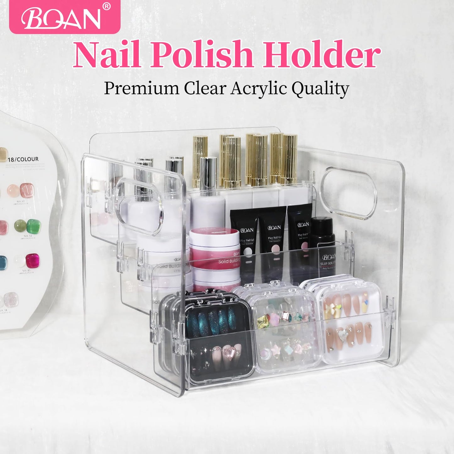 BQAN 3-Tier Clear Acrylic Nail Polish Organizer Rack - Extra Wide Storage Display Stand for Nail Polish, Essential Oils & Makeup with Built-in Handles