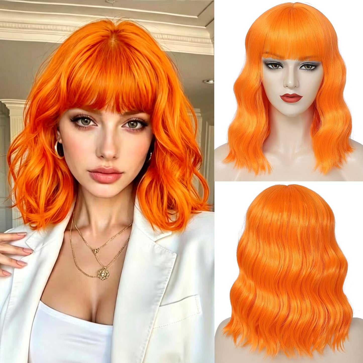 Emerald Green Wavy Bob Wig with Bangs - Shoulder Length Synthetic Cosplay Hair