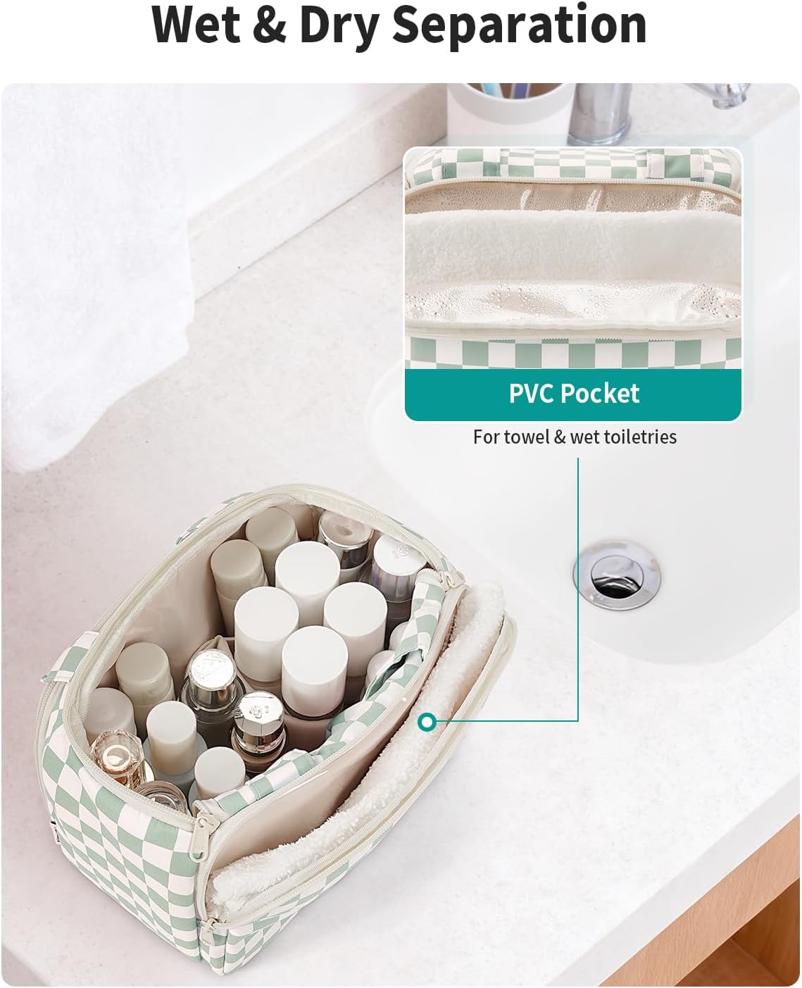 Checkered Travel Toiletry Bag - Large Makeup Organizer with Handle | Mint Green Checkerboard