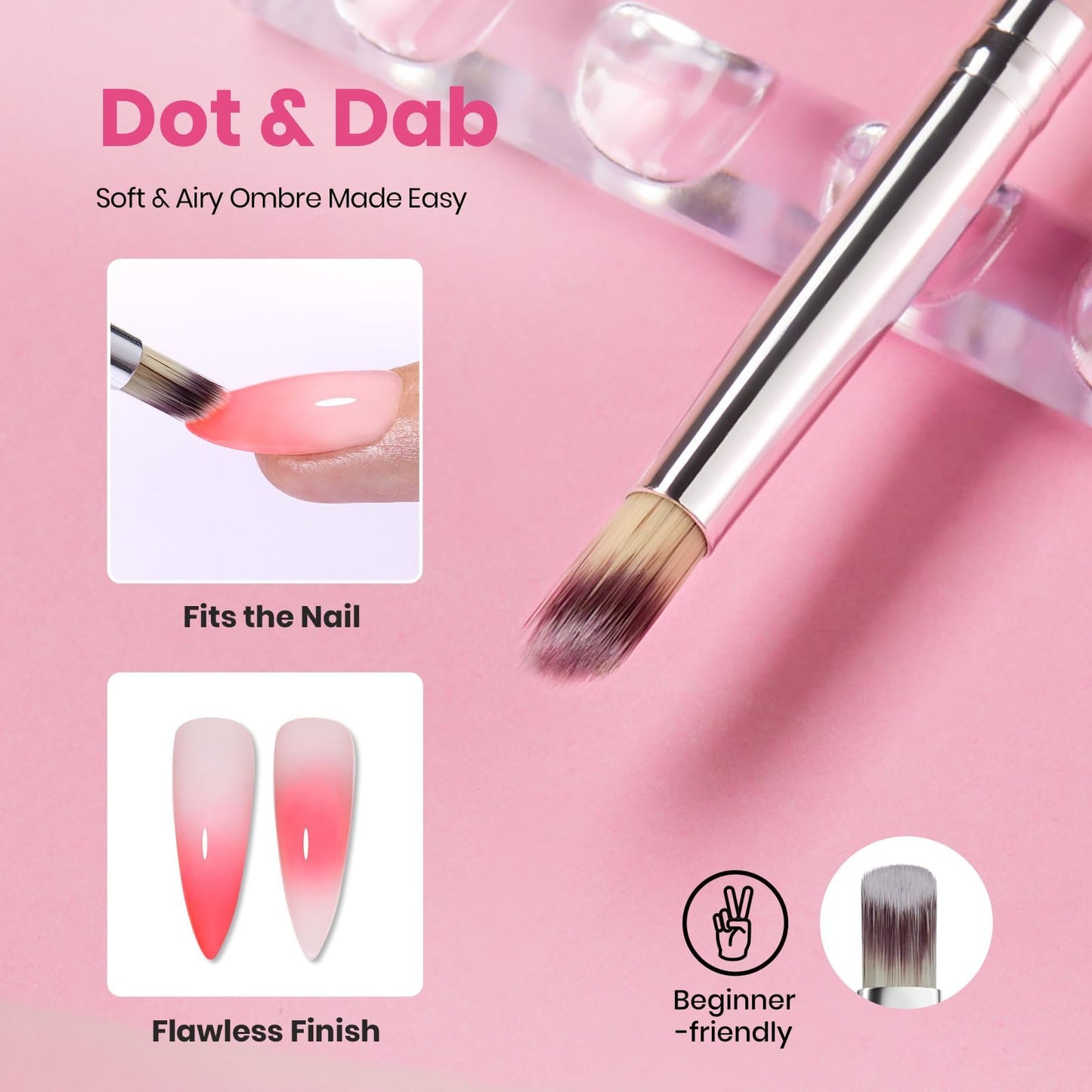 Beetles Blooming Gel and Nail Art Brushes Set - Ombre Nail Brush Gradient Stipple Clean Up Fingernail Art Pens and Silicone Dotting Tool for Gel Polish Marble Blush Chrome DIY Manicure Designs