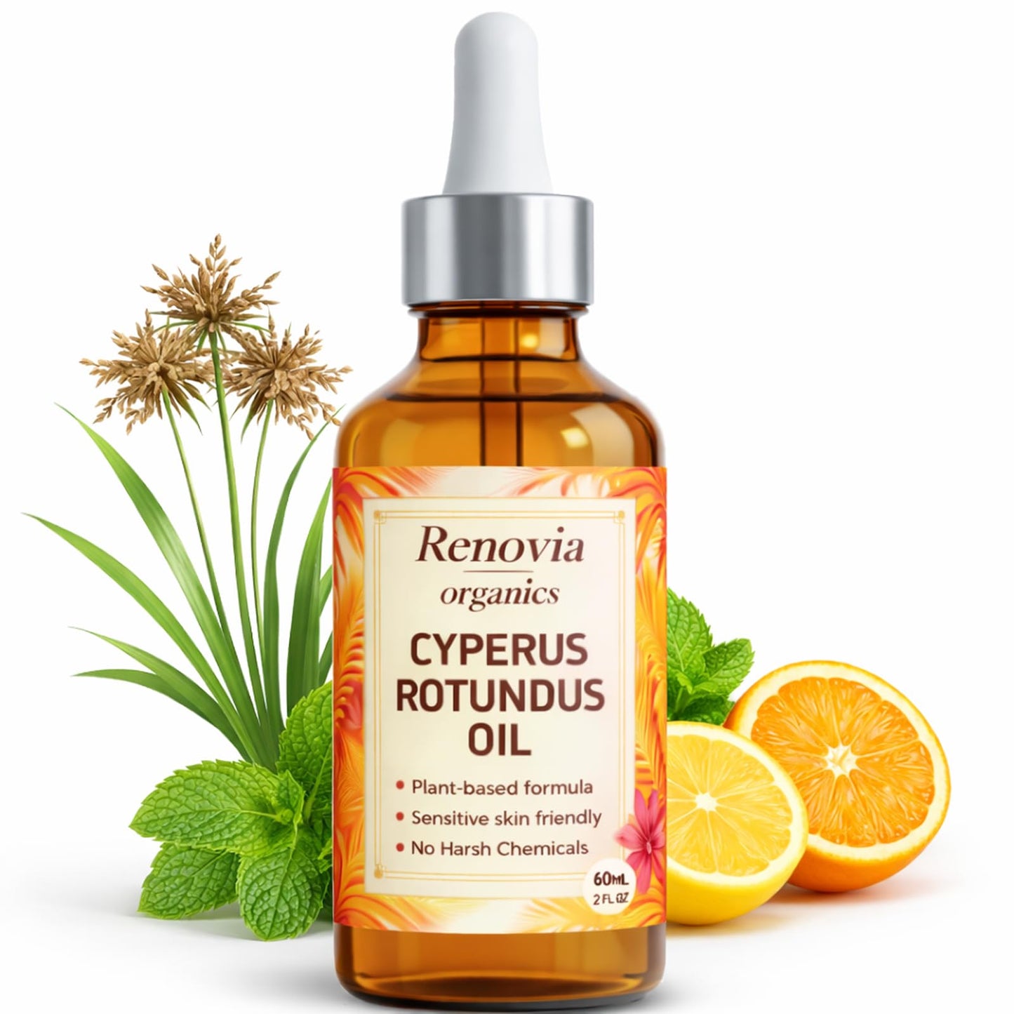 Renovia Organics Cyperus Rotundus Oil, Renovia Organics Hair Removal, with Peppermint Extract, Natural Ingredients for Nourishment & Soothing, 60 Ml (2 Fl. Oz.)