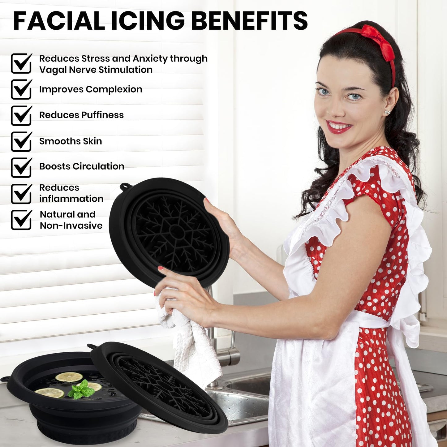 PETIMETI Ice Bowl for Face with Built-in Ice Tray, Foldable Silicone Face Bowl for Ice, Facial Ice Bath Bowl, Skin Tightening & Acne Relief, Portable Ice Face Bowl for Home Travel - Black