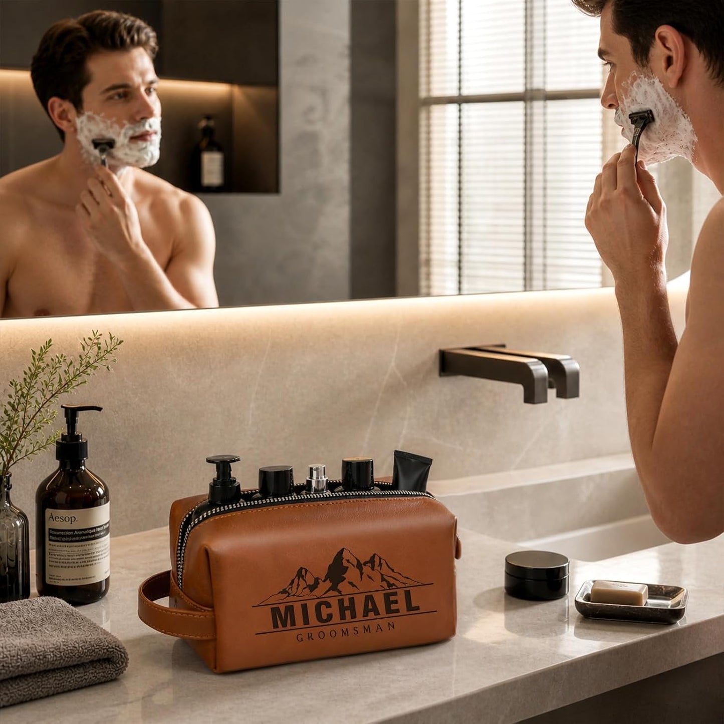 Personalized Toiletry Bag - Waterproof PU Leather Travel Dopp Kit | Custom Engraved Name for Men, Perfect Gift for Husband, Dad, Boyfriend