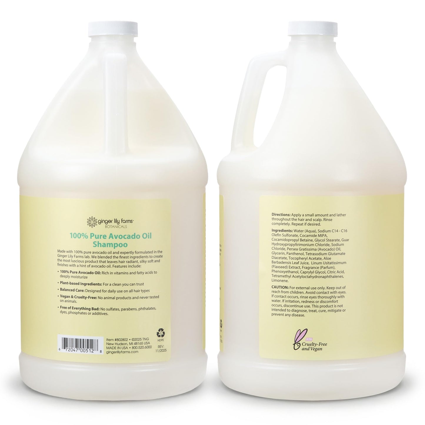 Ginger Lily Farms Botanicals 100% Pure Avocado Oil Shampoo for All Hair Types, 100% Vegan & Cruelty-Free, 1 Gallon (128 Fl Oz) Refill