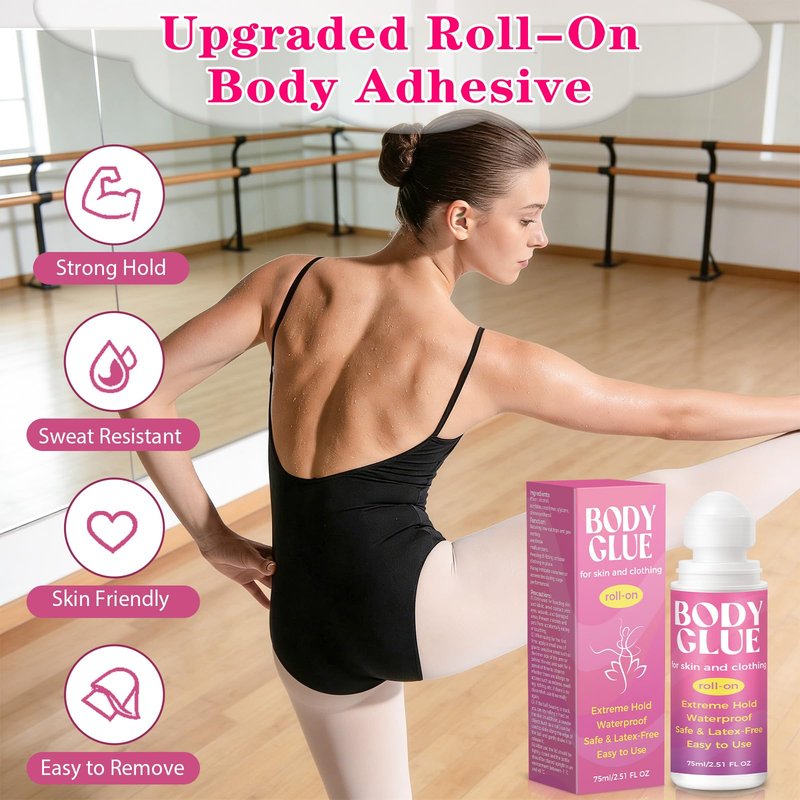 Body Glue for Clothes & Skin 2.54 Oz, Strong Body Adhesive Roll-On, Sweat Resistant & Water Washable, Professional Fashion Glue for Dancers, Butt Glue for Leotards, Wigs, Socks, Bras & Cosplay (75ml)