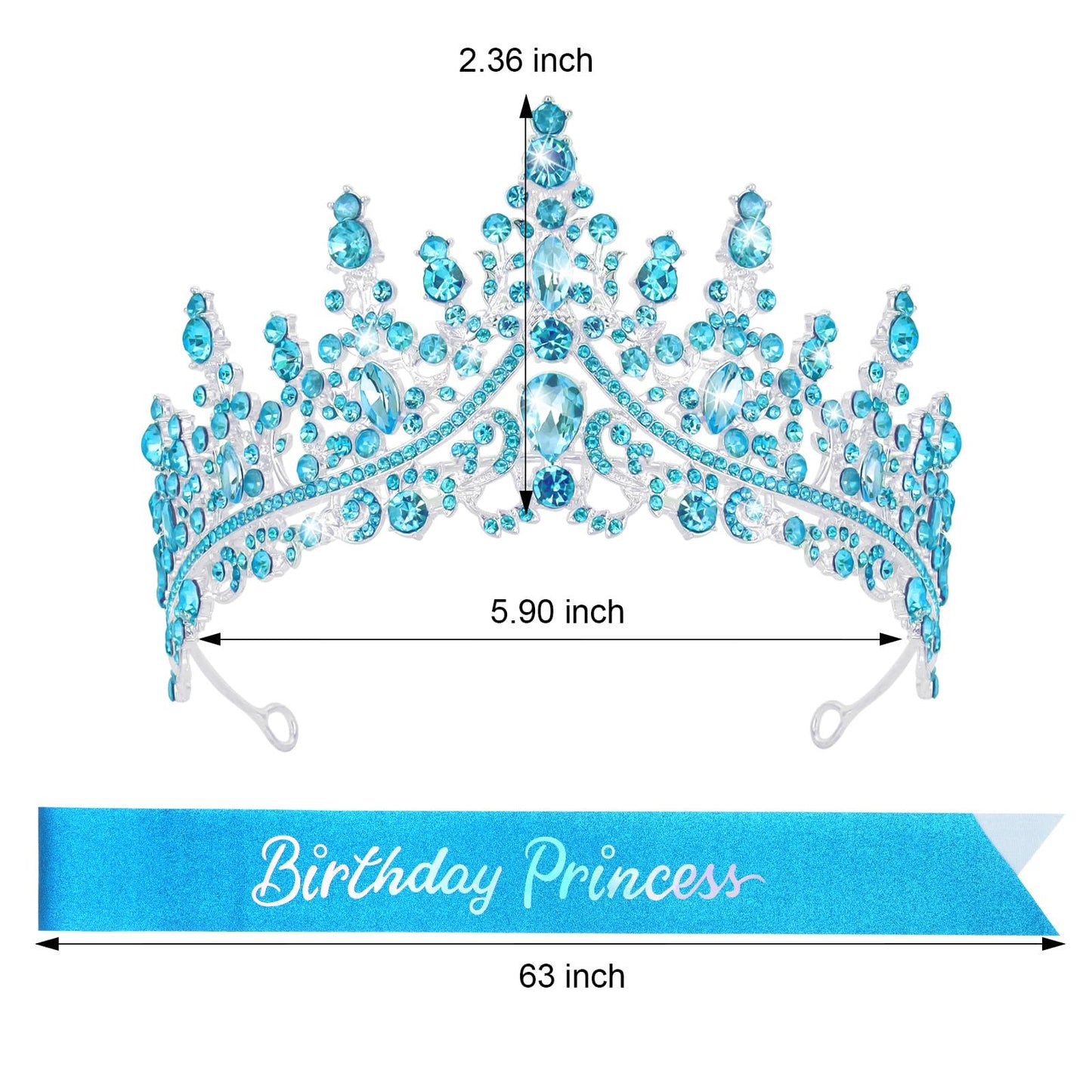 CAVETEE Princess Crown and Sash, Glitter Tiara for Party Decorations, Happy Birthday Accessories for Women Girls (Blue), Standard