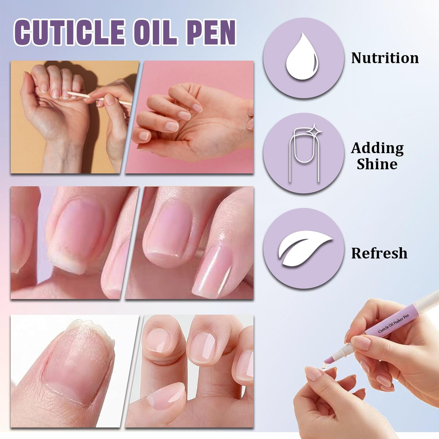 3 PCS 2-in-1 Cuticle Oil Pusher Pen,Nail Care Pen Applicator, Gentle Cuticle Remover,for Dry & Damaged Nails, Moisturize Strengthen Brighten