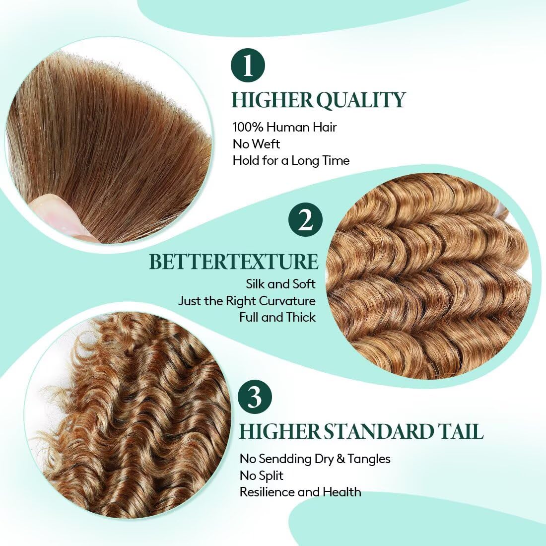 Boho Hair for Braiding, Curly Virgin Human Braiding Hair for Women, 12A Knotless Deep Wave Bulk Bohemian Styles, 150g 16 Inch 3 Bundles/Pack Caramel Honey Blonde Color 27