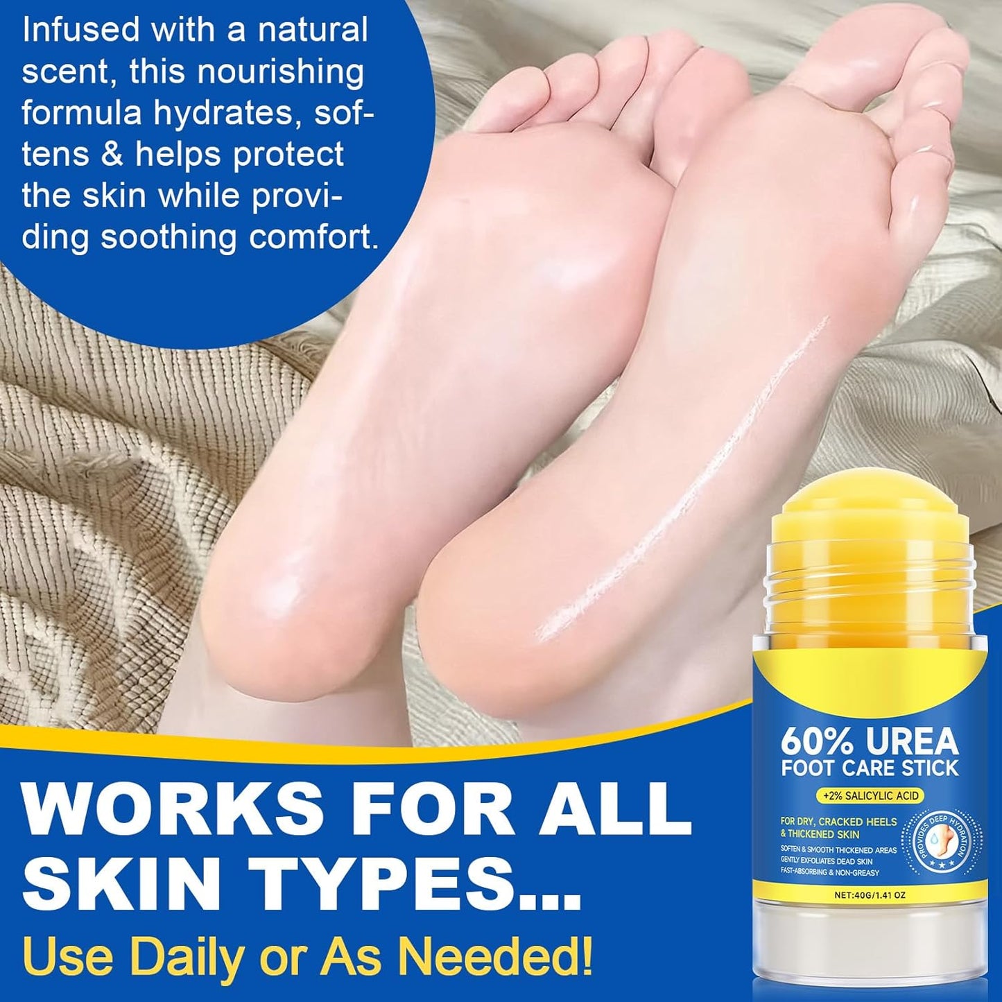 Urea Stick 60% - Deeply Moisturizing Foot Care for Dry Cracked Heels & Thickened Skin | Fast Absorbing Exfoliation