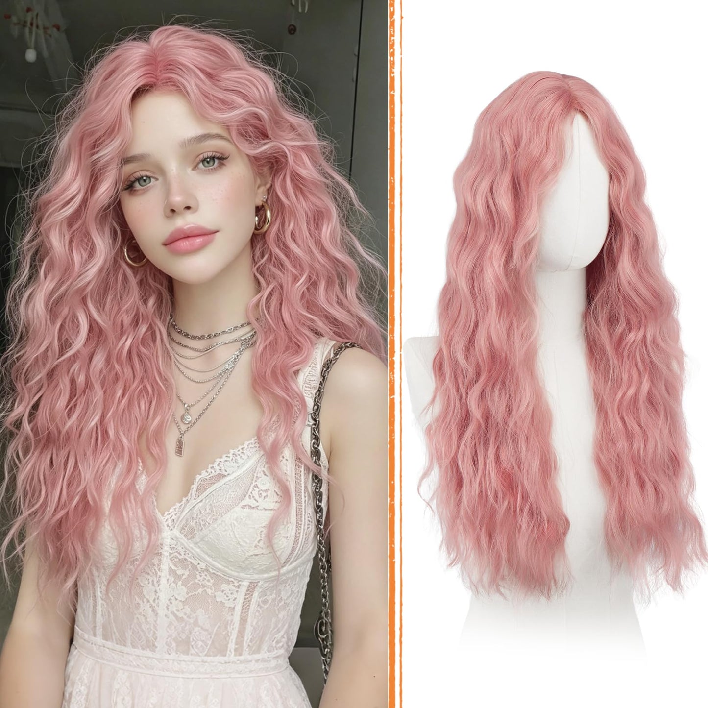 Haloo Pink Wigs with Curtain Bangs - 26 Inch Long Wavy Curly Middle Part Soft Natural Looking Synthetic Hair Wig for Women Daily Party Cosplay Costume Use