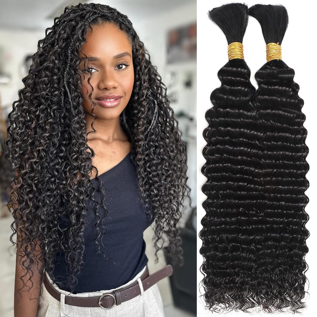 Deep Wave Bulk Human Hair for Braiding 110g 22 Inch 2 Bundles/Pack Human Braiding Hair for Boho Braids Knotless 12A Water Wave Curly Human Hair for Boho Knotless Braids Human Hair Bundles