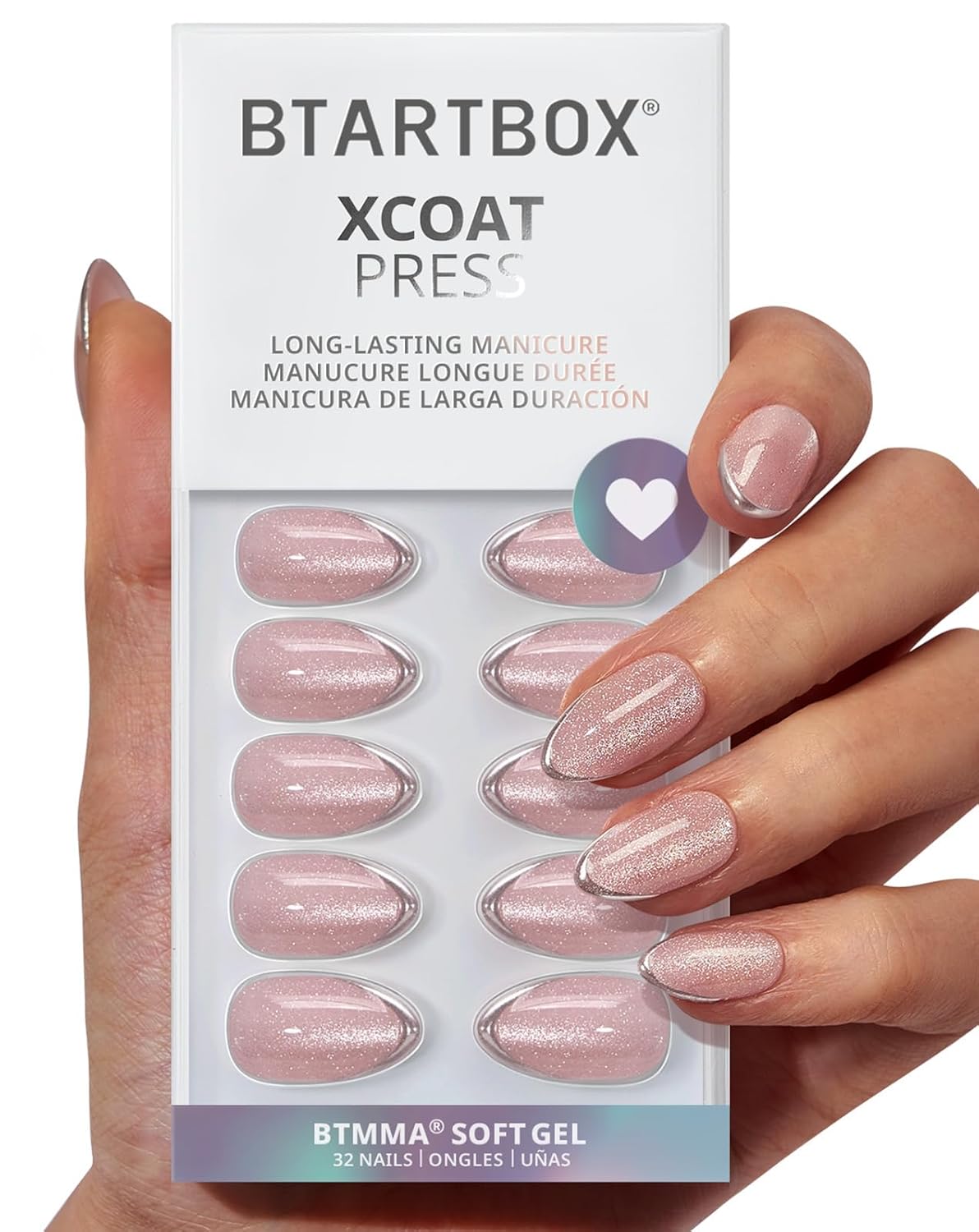 Press On Nails - Chrome Cat Eye Almond Design | 32 Piece Soft Gel Nail Kit in 16 Sizes