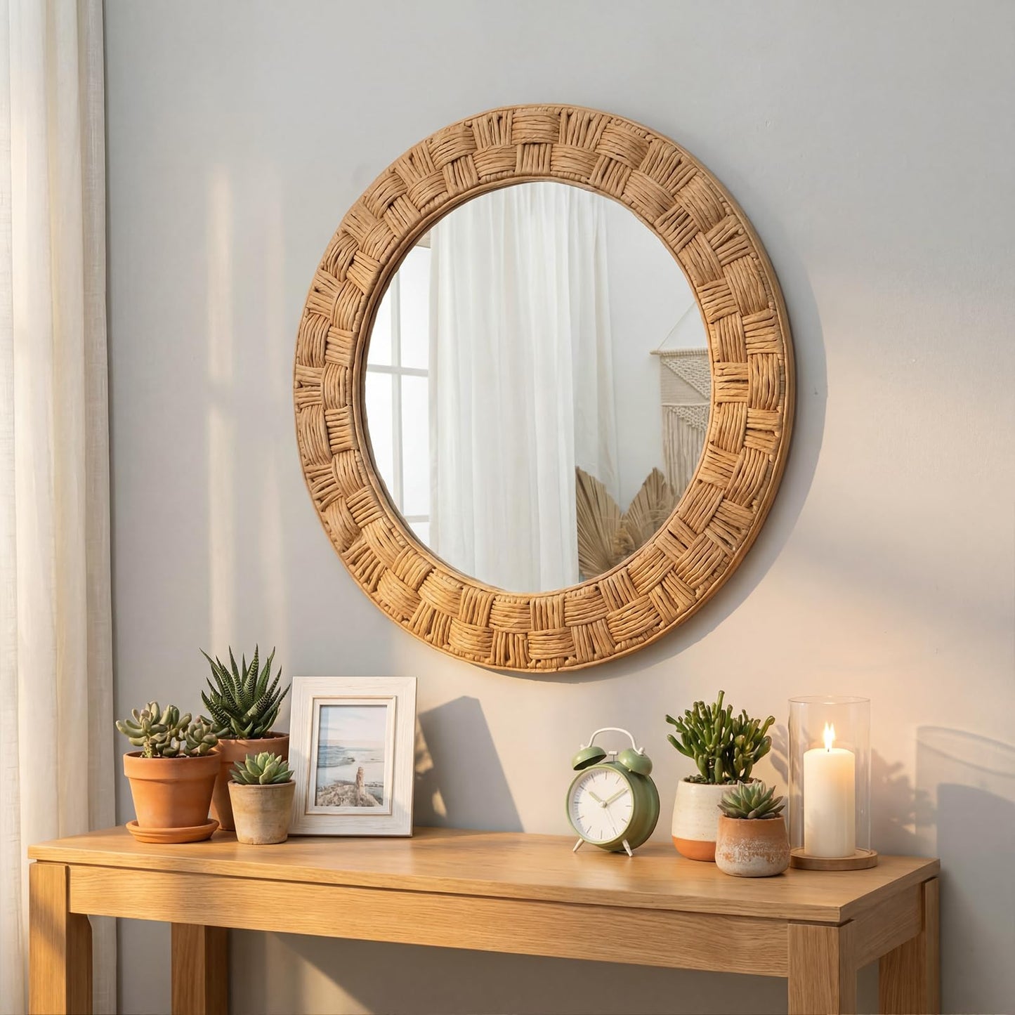 Sabary 30 Inch Rattan Wall Mirror Round Rope Boho Mirror Wicker Chequered Handwoven Natural Rustic Beachy Coastal Decorative for Bathroom, Bedroom, Living Room, Entryway