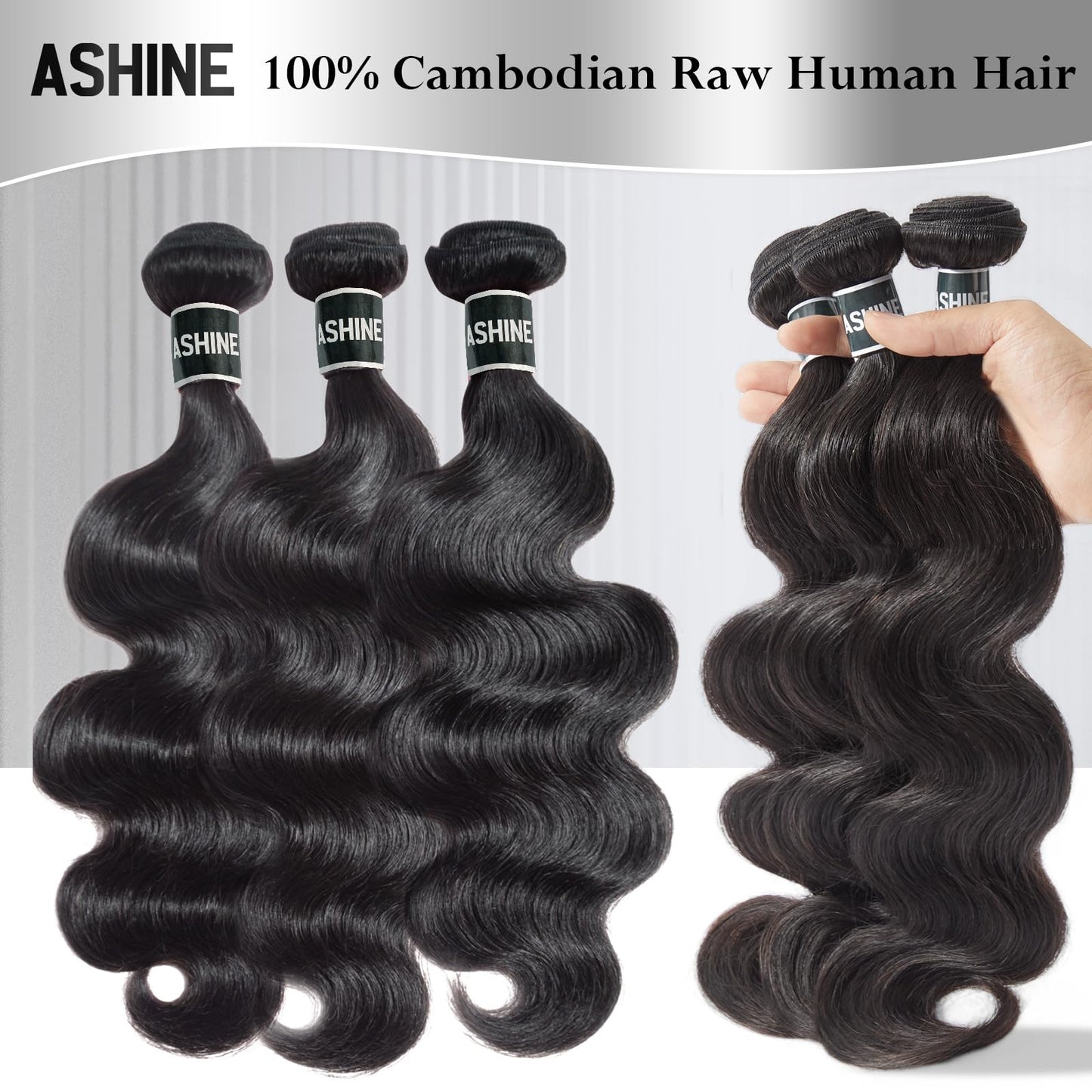 ASHINE Human Hair Bundles Body Wave, Unprocessed Cambodian Raw Hair Bundles for Women Natural Black 14 16 18 Inch, Keep Soft and Silky After Multiple Washes