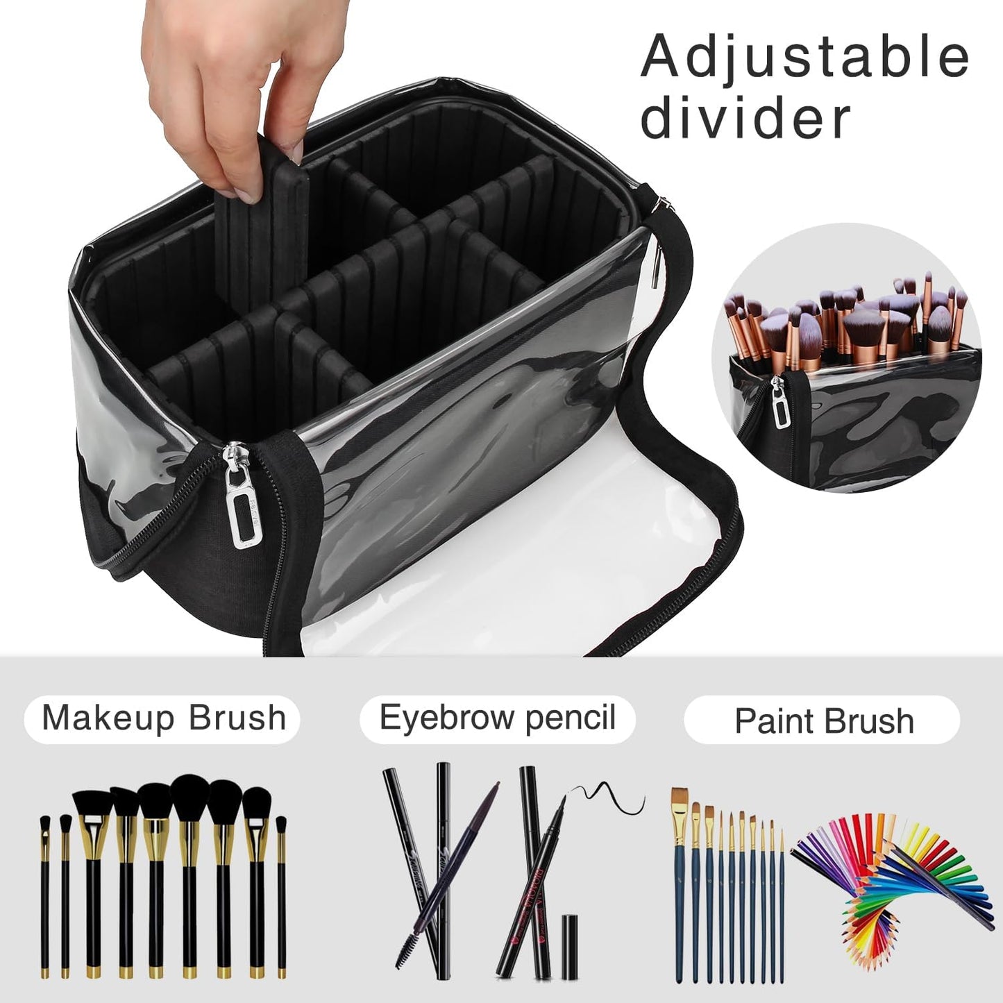 Makeup Brush Organizer - Large Travel Makeup Brush Holder with Adjustable Divider | Professional Cosmetic Storage Bag - Black
