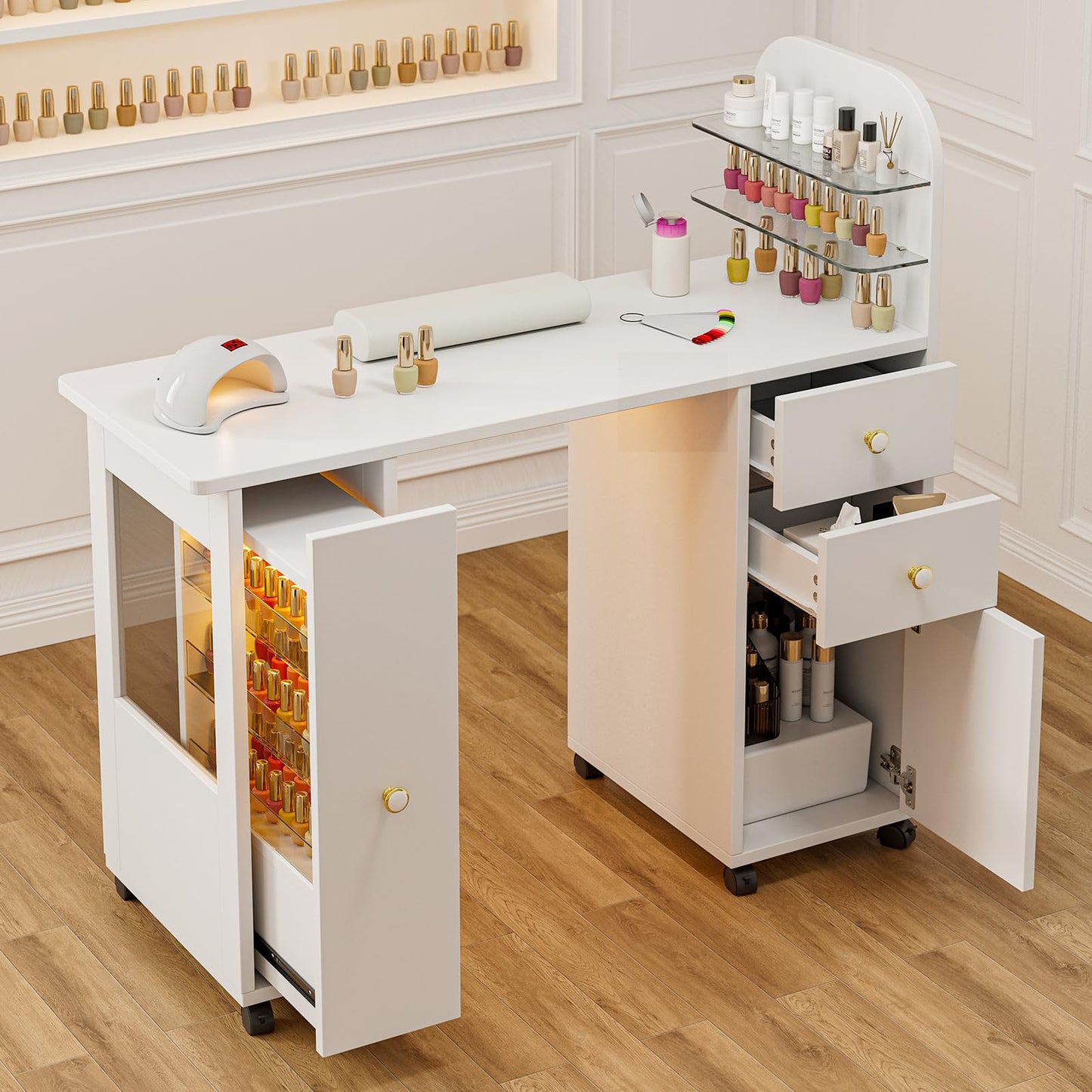 TTGIEET Professional Nail Desk for Nail Tech w/LED Light Display Cabinet, Rolling Manicure Table with Lockable Wheels, Storage Drawers, Wrist Cushion, Acetone Resistant, for Beauty Salon, Spa & Home