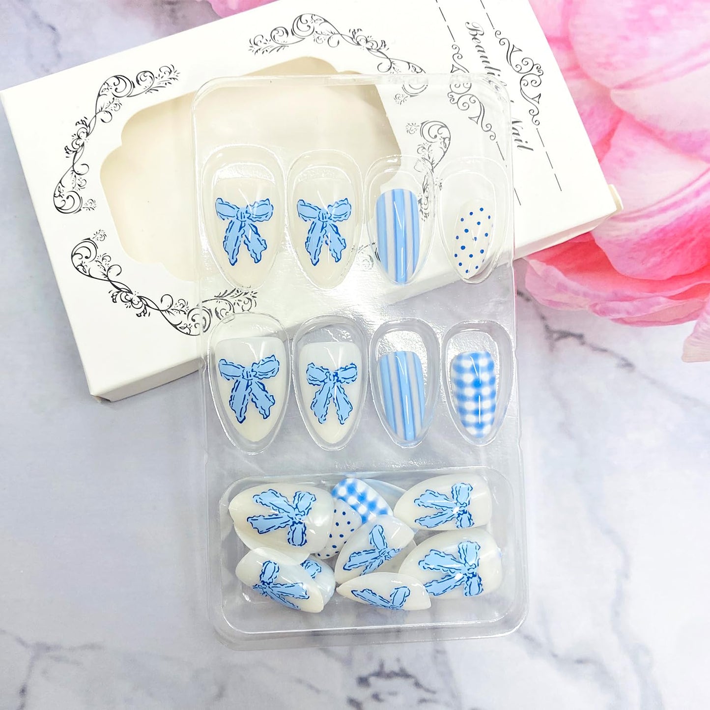 Polka Dot Press-On Nails - Short Almond Acrylic Design with Bow & Plaid Stripes | Blue Summer Reusable Full Cover