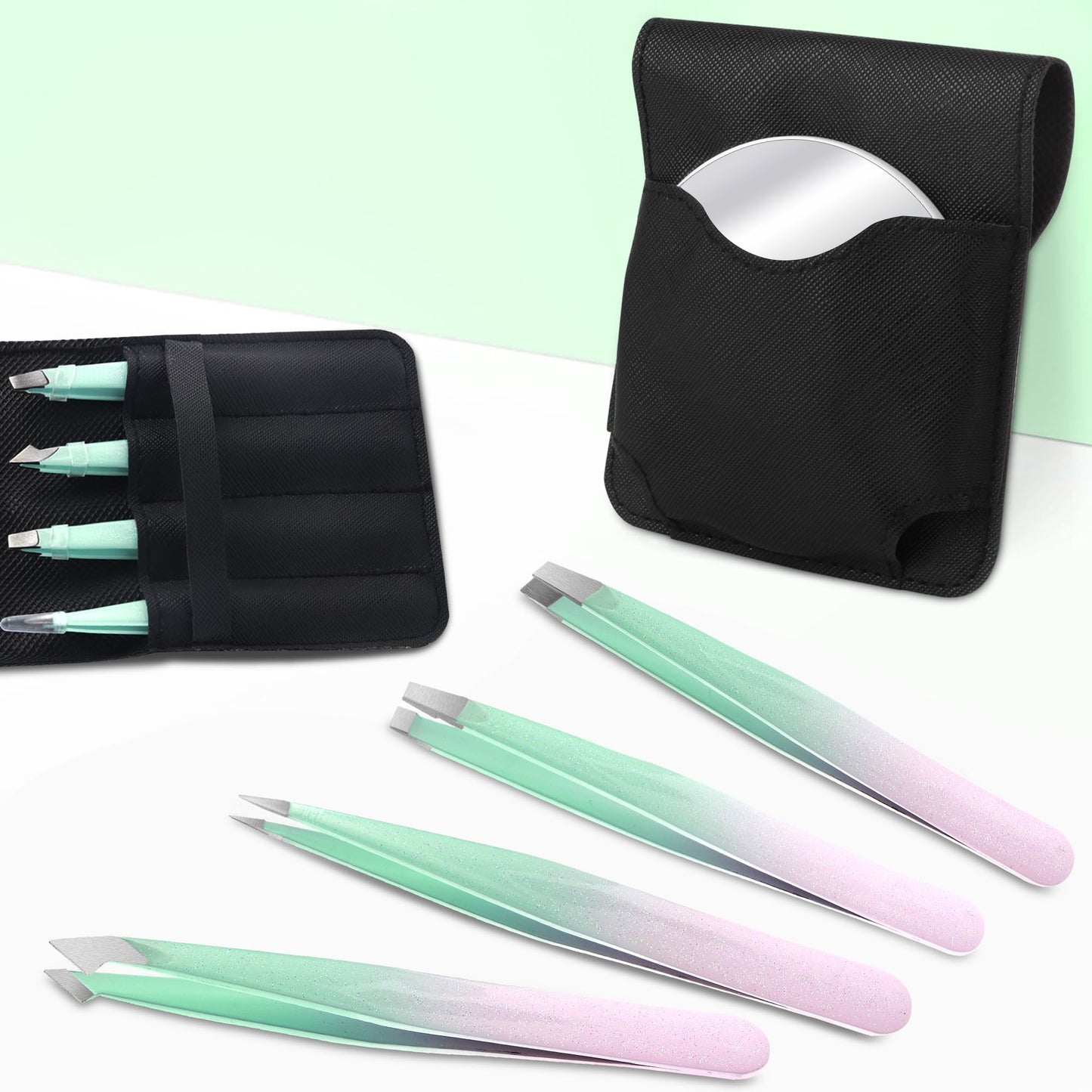 WangSelect Tweezers and 10X Magnifying Mirror, Portable Magnified Travel Mirror and Professional Tweezer Set for Eyebrows Grooming, Facial Hair, Splinter and Ingrown Hair Removal - Black