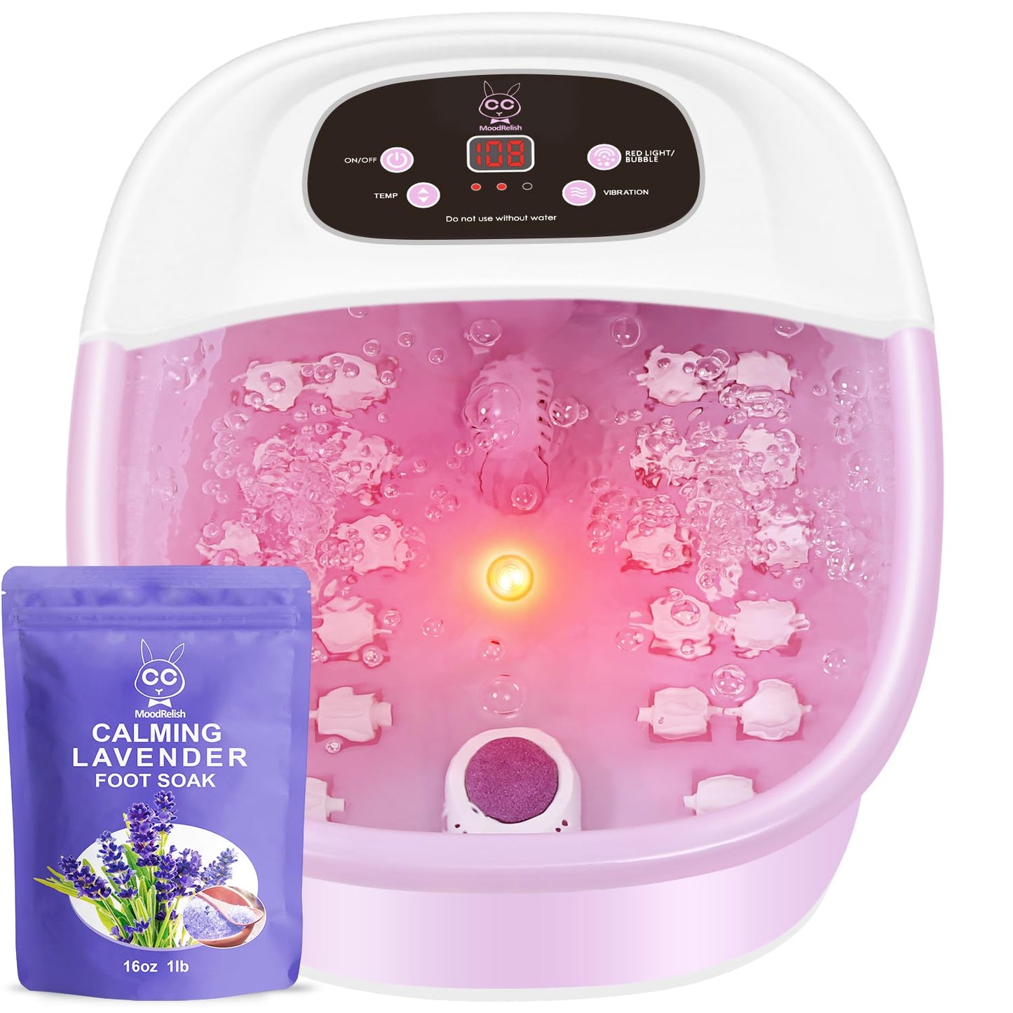 Foot Spa Bath Massager with Heat & Vibration | 22 Massage Rollers, Calming Lavender Epsom Salt, Adjustable Temp - Pink