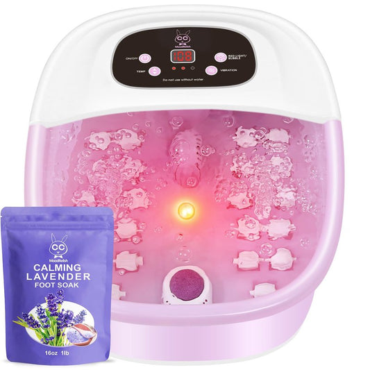 MoodRelish Foot Spa Bath Massager with Heat Bubbles and Vibration Massage and Jets, 16 OZ Calming Lavender Foot Soak Epsom Salt, Foot Soaker with Red Light, 22 Massage Rollers, Adjustable Temp - Pink