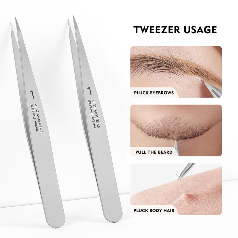 ZERNBER Pointed Tweezers for women Facial hair, Precision Tweezers for Eyebrows, Chin Hair，Ingrown Hair, Splinters, Glass Removal（Silver）