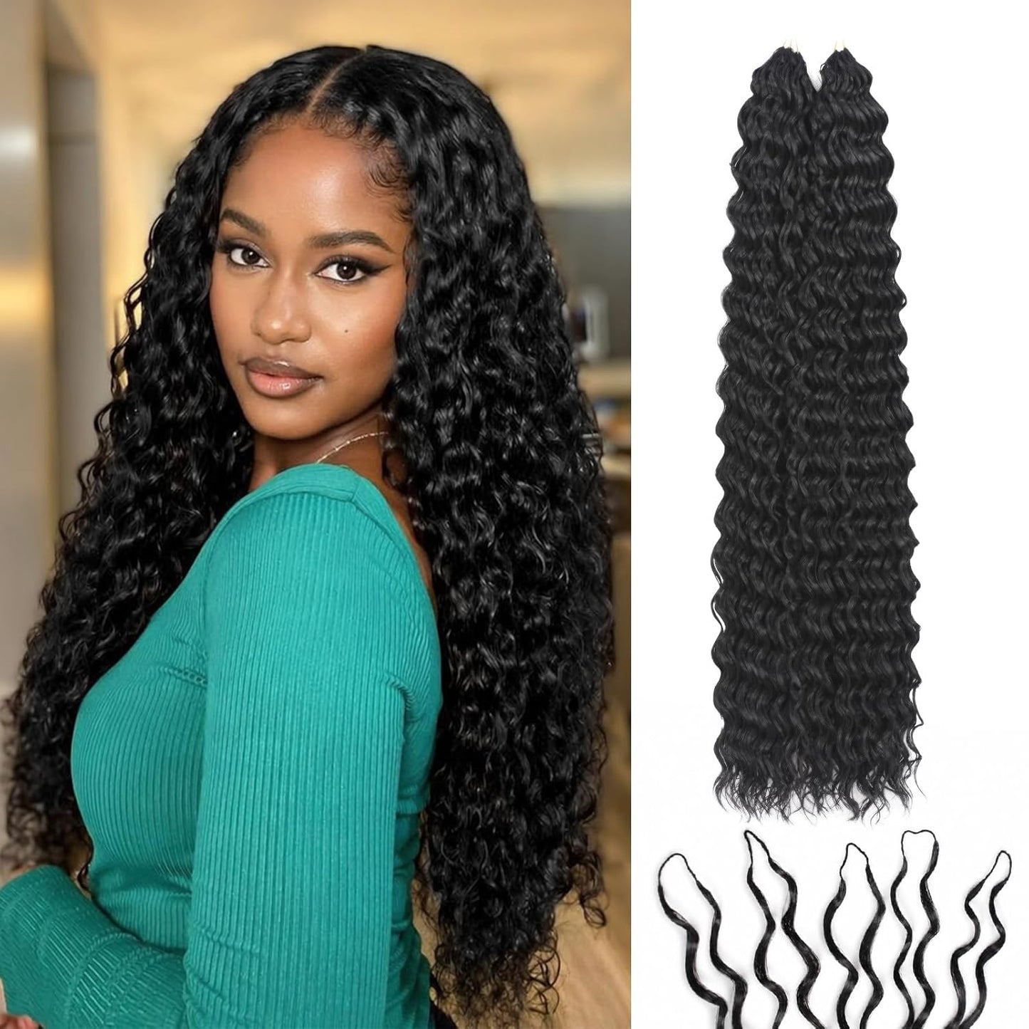 Miracle Knots | Deep Wave Feather Crochet Hair Extensions - 14" Soft Cotton Core, 50 Strands, Glue-Free Knotless (Natural Black)