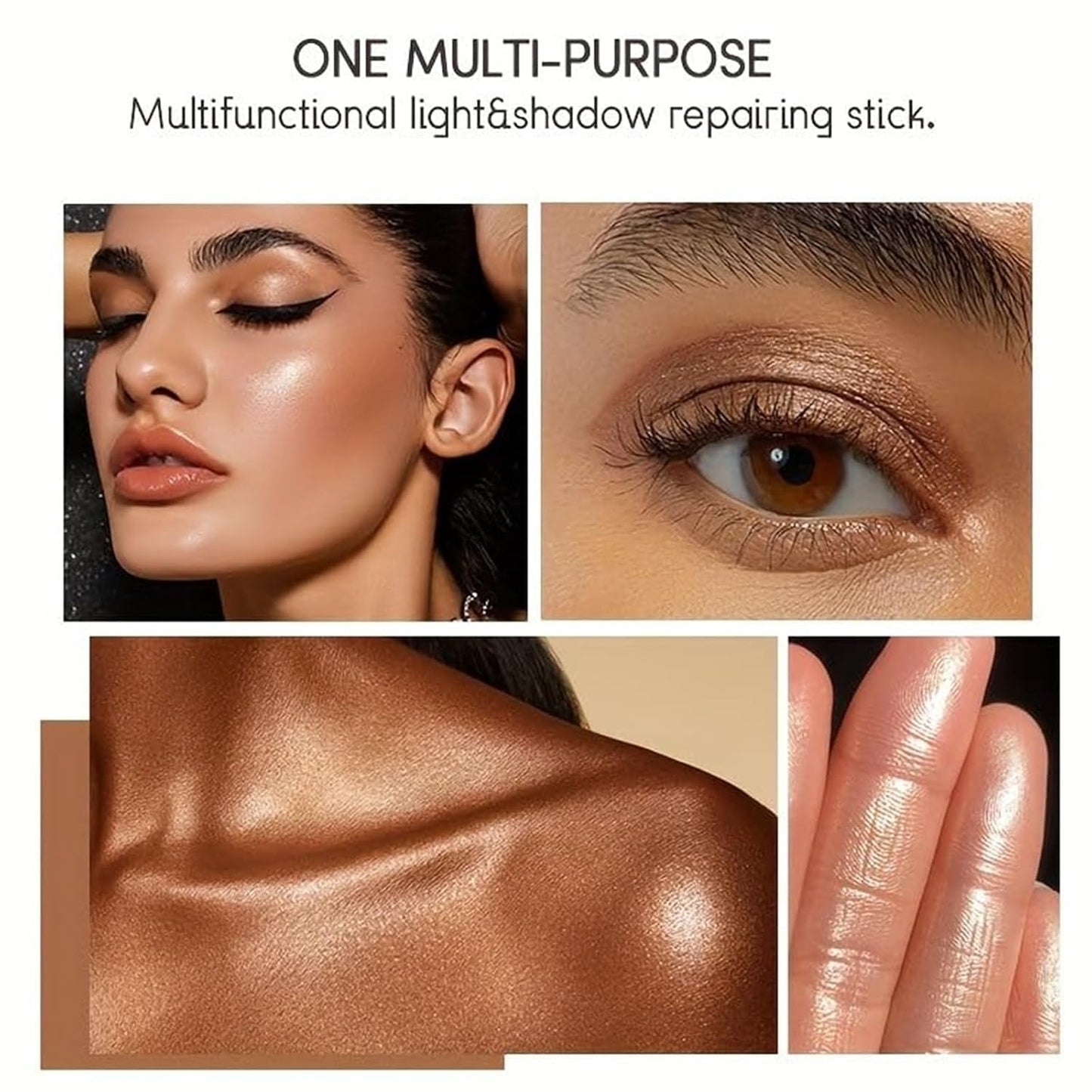Golden Shimmer 2-in-1 Body Stick - Cream Bronze Highlighter with Blending Brush | Long-Lasting Glow, 0.51oz