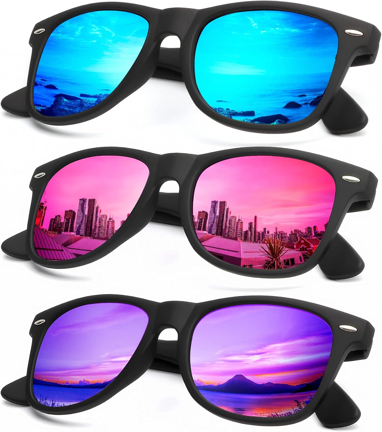 KALIYADI Polarized Sunglasses - Matte Finish, UV Blocking, Color Mirror Lenses | 3-Pack for Men & Women