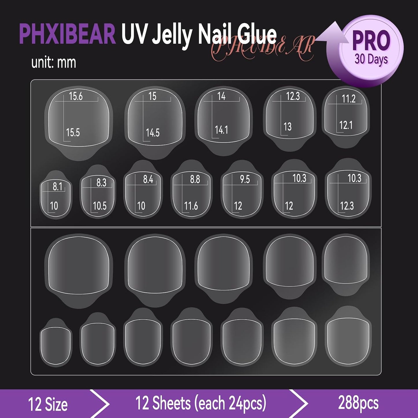 PHIXBEAR Pro UV Nail Adhesive Tabs - 32X Strong Waterproof Glue Stickers (288pcs) | Easy Remove, Long Lasting