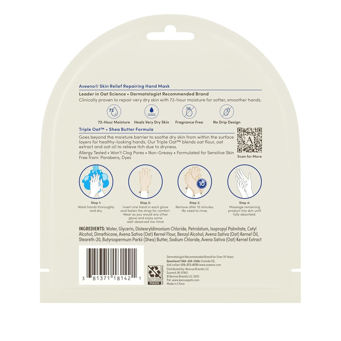 Aveeno Skin Relief Hand Mask - Moisturizing Gloves with Triple Oat & Shea Butter for Very Dry Skin | Fragrance-Free, 1 Pair