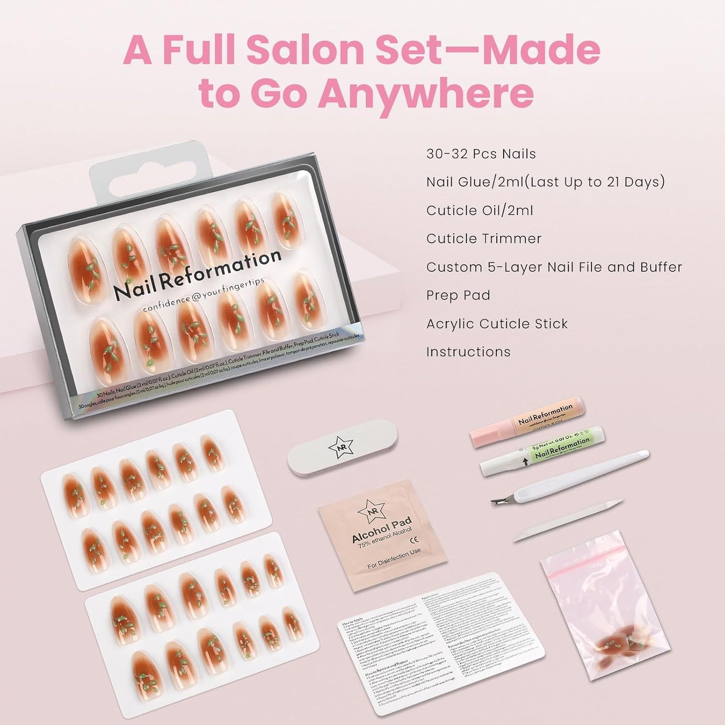 Press On Nails - Rose Gold Foil Medium Almond Fake Nails | Brown Blush Shimmer, Glossy Finish, Reusable - 30 Nail Kit with Glue, 15 Sizes