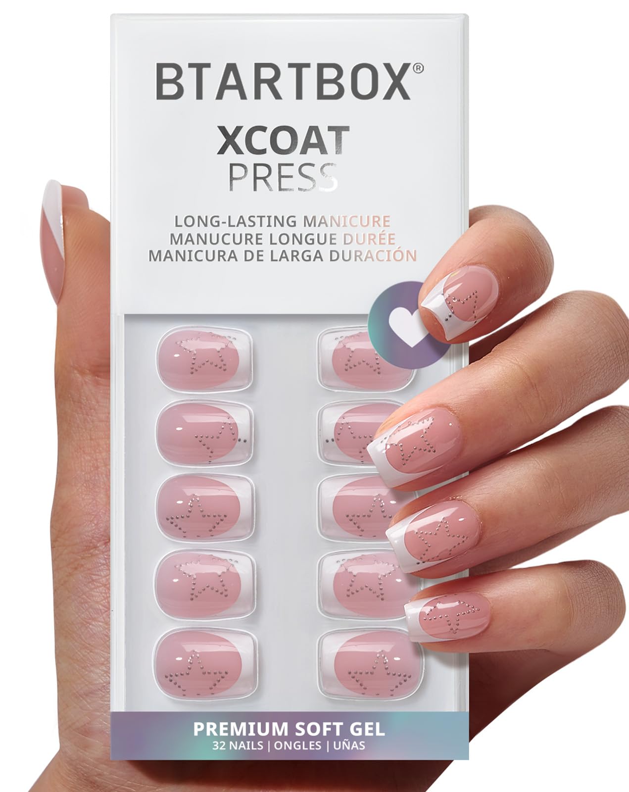 BTArtbox French Tip Press On Nails - Weekend Star, Lamp-Curable 4-Week Wear White Extra Short Coffin Press On Nails with Glue and Adhesive Tabs, Easy-to-Apply in 16 Sizes - 32 Nails All-in-One Kit