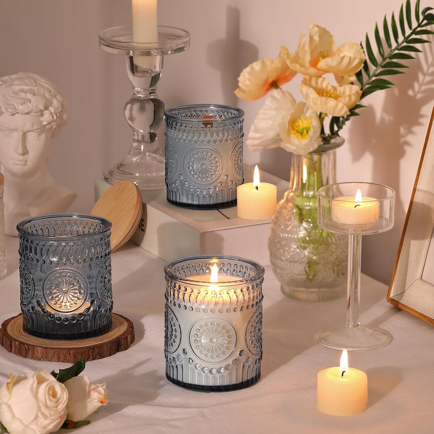 Blue Candle Jars - 10 Pack 7.5 OZ Empty Glass Candle Making Jars with Bamboo Lids & Labels | DIY Candle Supplies