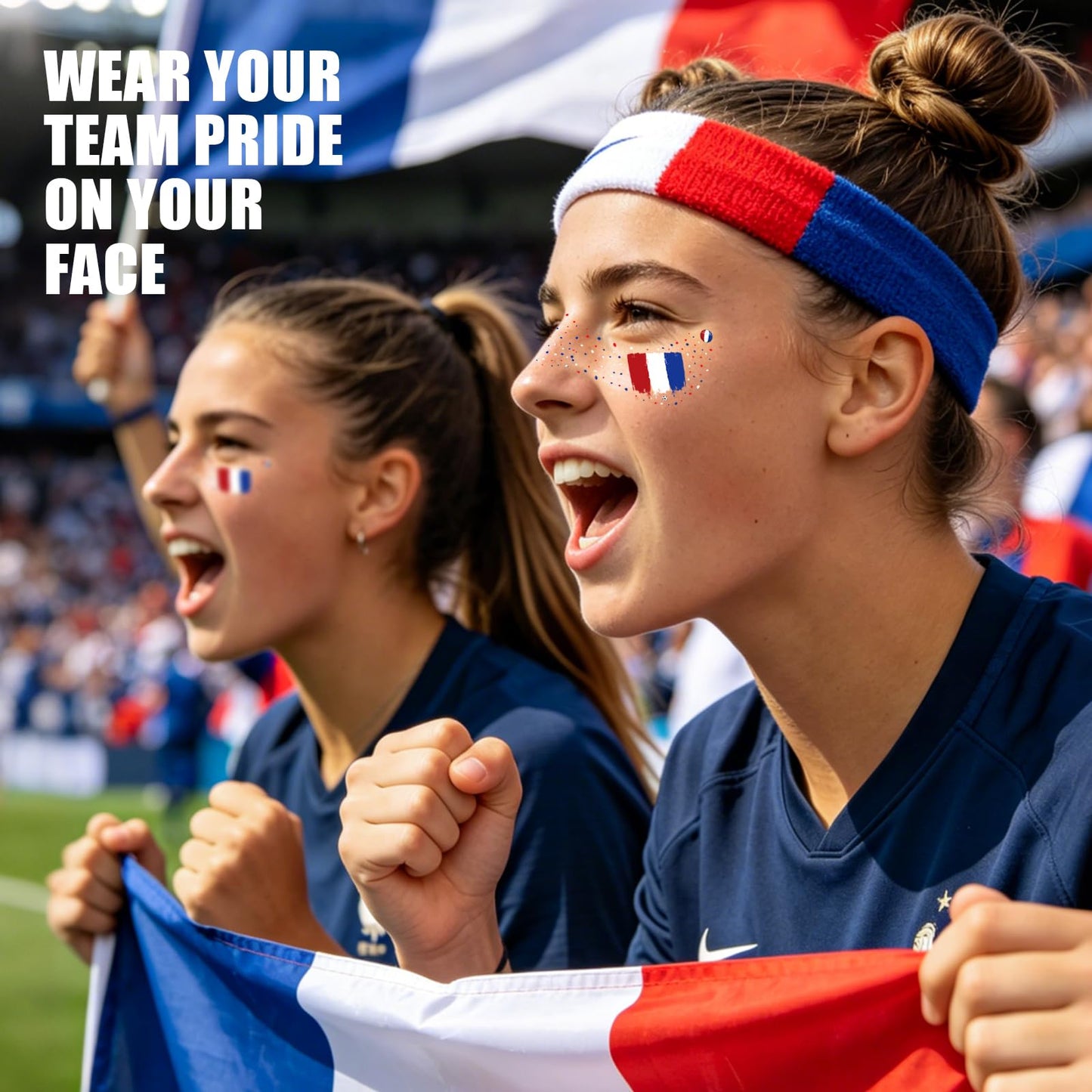 VXZ Blue White Red Soccer Fan Freckles Face Tattoo - Tricolor Vertical Flag Temporary Tattoos | Waterproof Sports Sparkle Stickers for Football Matches & Game Day Celebrations (8 Sheets)
