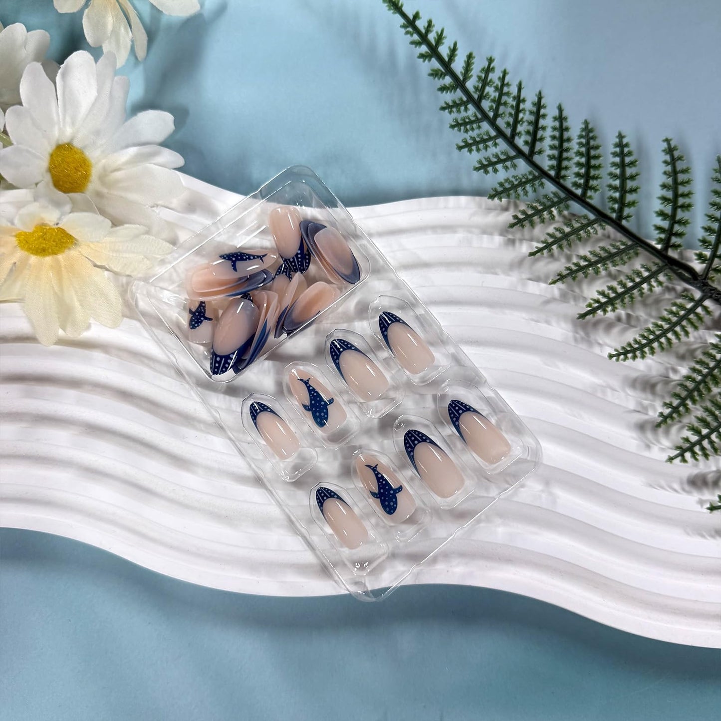 GCSQW Summer Press on Nails Almond, Ocean Whale Shark Fake Nails Polka Dot French Tip Nails Glossy Acrylic Nails Press ons, 30Pcs Reusable Stick on Nails for Women Manicure Vacation Wear