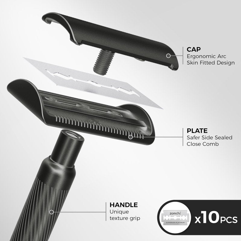 ZOMCHI Safety Razor for Men with 10 Safety Razor Blades, New Version 2.0 Reusable Metal Razor for Men & Women, Single Blade Razor - Matte Black