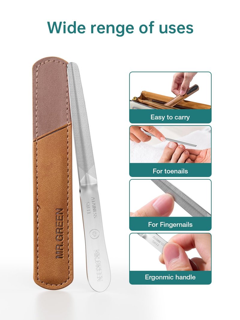 MR.GREEN Curved Nail File – Double-Sided Metal Nail File for Men & Women with Protective Travel Case, Ergonomic Anti-Slip Handle, Washable & Reusable, for Fingernails & Toenails