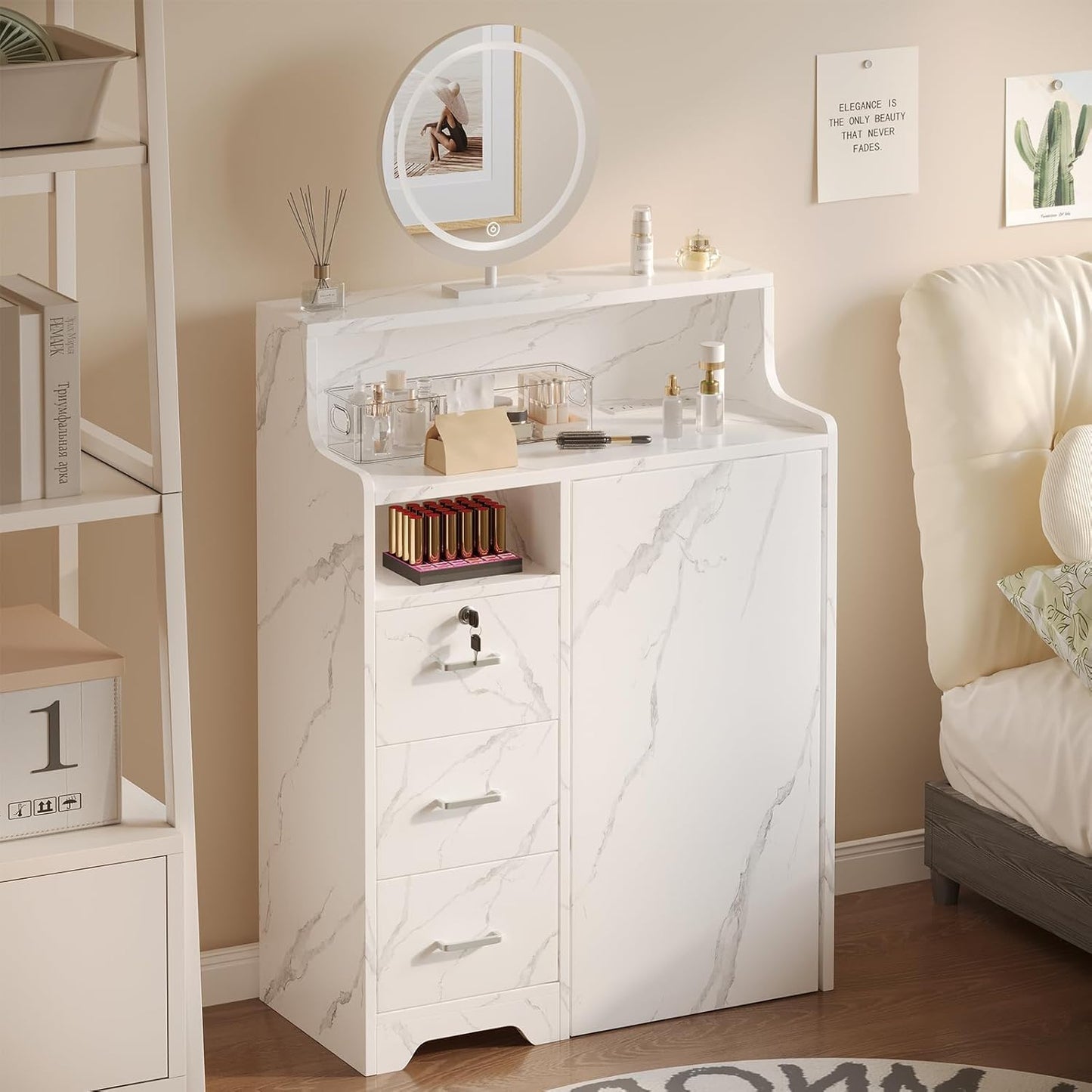 Foldable Nail Desk - L Shape Manicure Table with Cabinet Drawer & Charging Station | Portable Marble Beauty Salon Workstation