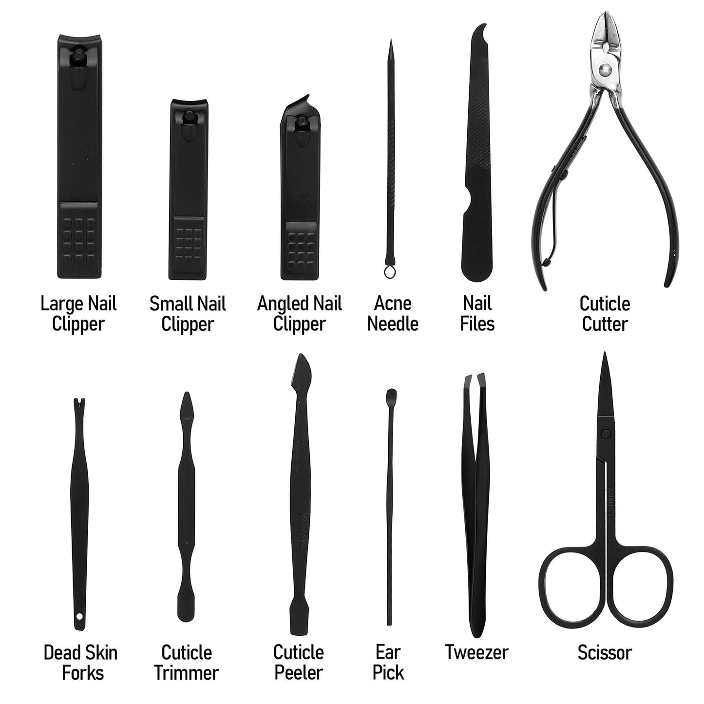 Manicure Set Pedicure Kit Stainless Steel 11 Pcs Set Toe Finger Nail Clipper Personal Care Grooming For Men Women with Luxurious Travel Case - Black